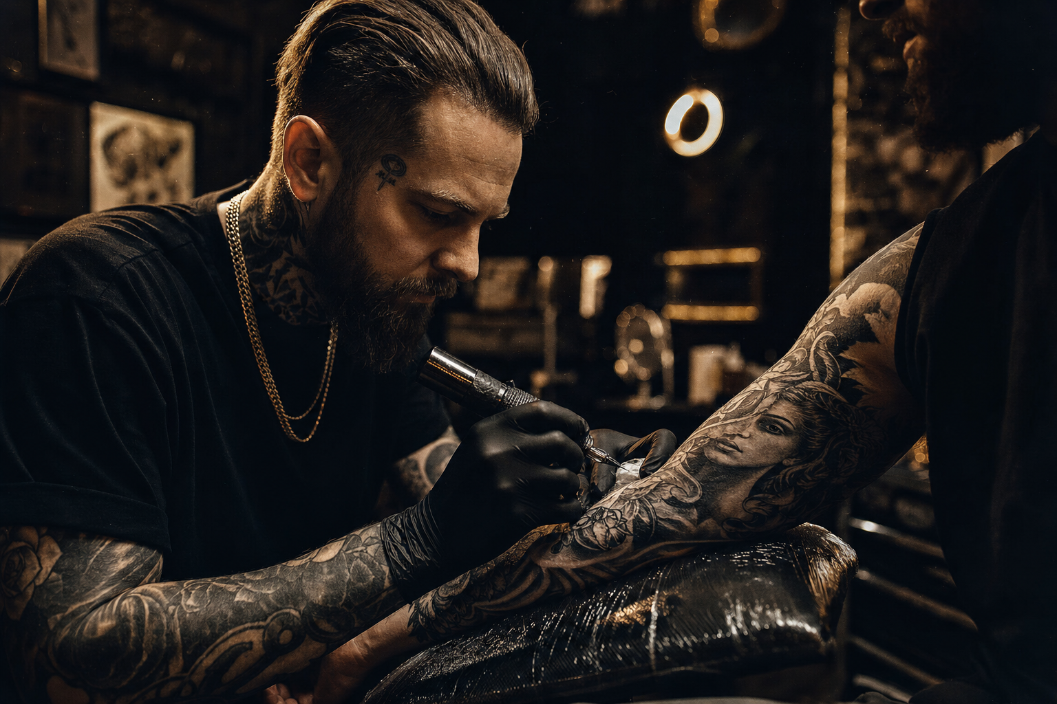 Final Touch Tattoo artist creating a detailed black and gray sleeve tattoo in San Antonio